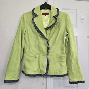Nicola Berti Italian Leather Jacket Sz M Green Distressed Denim Trim Boho Artsy